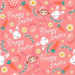 Obraz na płótnie Canvas Baby girl in easter costume surrounding with easter colorful elements for Easter Card Template : Seamless Pattern : Vector Illustration