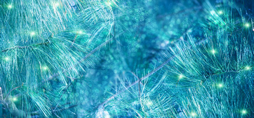 Christmas background with fir branches, lights, snowflakes, bokeh.