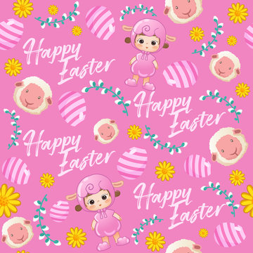 Baby girl in easter costume surrounding with easter colorful elements for Easter Card Template : Seamless Pattern : Vector Illustration