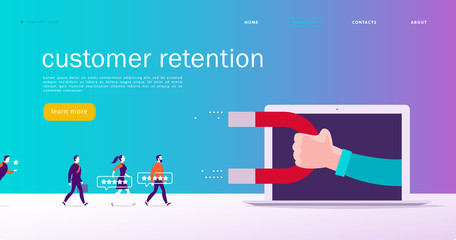 Vector web page concept design, customer retention theme. People give star rating positive feedback, human hand, magnet. Landing page mobile app site template. Business illustration. Inbound marketing