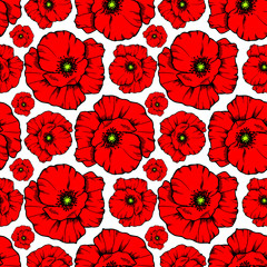 Seamless textile pattern with a red poppy flower on a white background.
