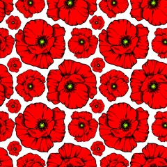 Foto op Plexiglas Klaprozen Naadloos textielpatroon met een rode papaverbloem op een witte achtergrond.