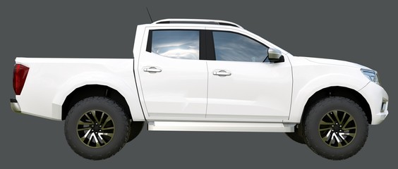 White commercial vehicle delivery truck with a double cab. Machine without insignia with a clean empty body to accommodate your logos and labels. 3d rendering. © whitecityrecords