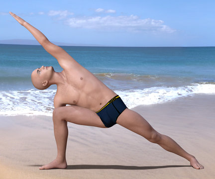 Bald man in black briefs practising the side angle or parsvakonasana yoga pose on a sandy beach. 3d render.