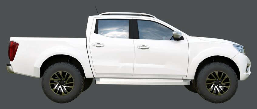White commercial vehicle delivery truck with a double cab. Machine without insignia with a clean empty body to accommodate your logos and labels. 3d rendering.