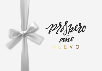 Fototapeta na wymiar Spanish lettering Prospero ano Nuevo. Feliz Navidad. Merry Christmas Holiday background. Handwritten text, realistic textured pattern, pull ribbon bow.
