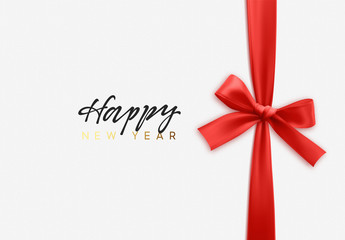Happy New Year. Merry Christmas Holiday background. Handwritten text, realistic textured pattern, pull ribbon bow.
