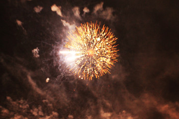 Fireworks. Salute. Sky background Amazing extravaganza of bright orange twinkling lights in the...
