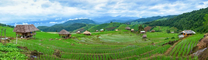 Papier Peint photo Rizières Maison avec vue panoramique et rizière en terrasses à Chiangmai, Thaïlande.