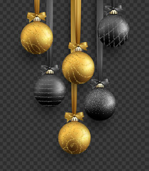 Traditional christmas decoration, hanging on ribbon xmas balls in gold and black colors. Realistic view of object isolated on transparent background