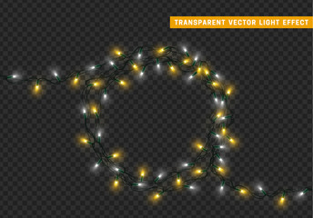 Garlands isolated vector wreath frame round. Christmas decorations lights effects. Glowing lights for Xmas Holiday.