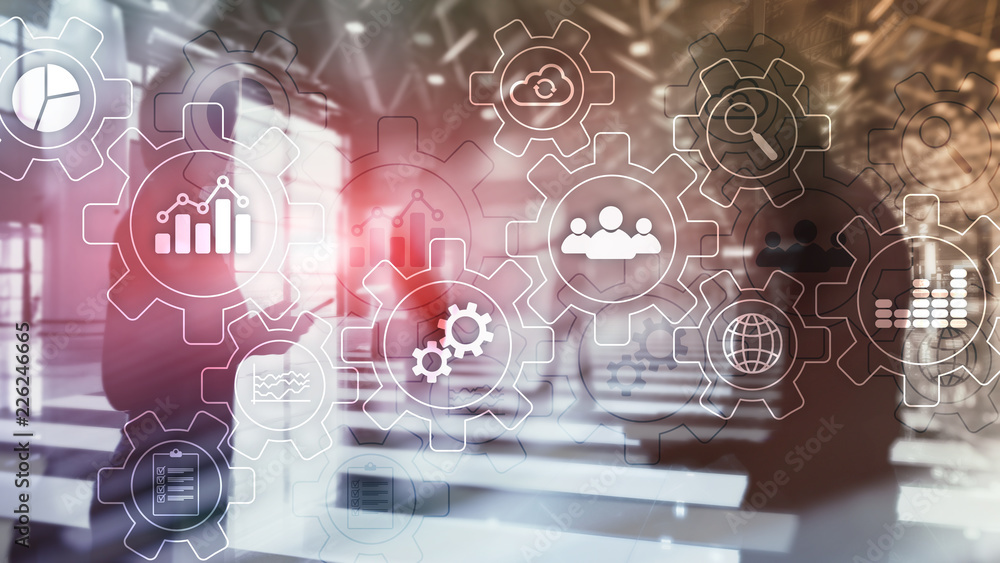 Poster business process abstract diagram with gears and icons. workflow and automation technology concept.