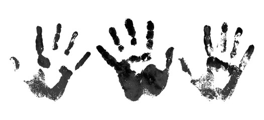 Hand in the black blood. Bloody handprint on white background