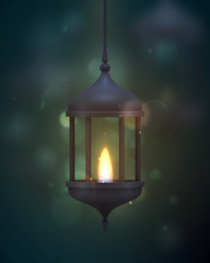 Vintage dark blue lantern with a burning realistic fire