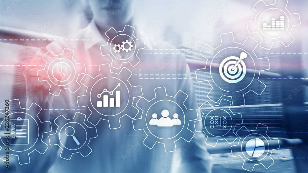 Poster business process automation concept. gears and icons on abstract background.