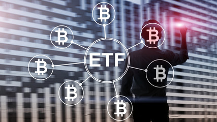 Bitcoin ETF cryptocurrency trading and investment concept on double exposure background.