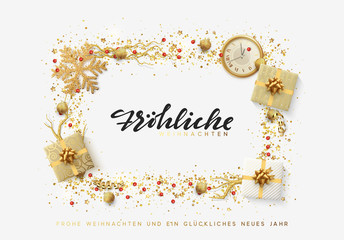 German text Frohliche Weihnachten. Christmas bright background with golden Xmas decorations. Merry christmas and Happy New Year greeting card. Elegant Holiday Frame