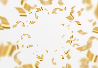 Falling shiny golden confetti isolated on white background. Bright festive tinsel of gold color.