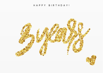 Three years, Number 3, lettering sign from golden confetti.