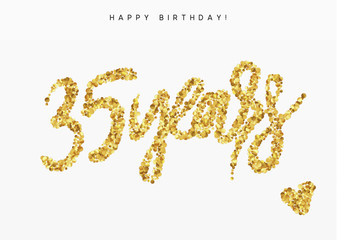 Thirty-five years,Number 35, lettering sign from golden confetti.