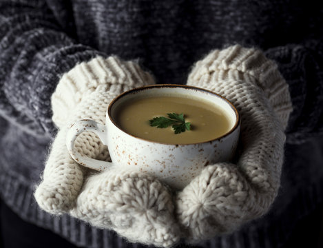 Girl in mittens holding a cup of soup