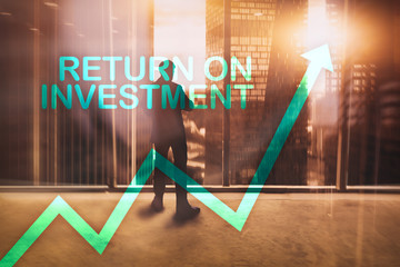 ROI - Return on investment. Stock trading and financial growth concept on blurred business center...