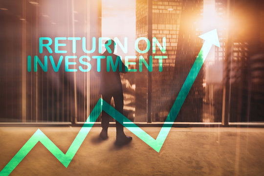 ROI - Return on investment. Stock trading and financial growth concept on blurred business center background.