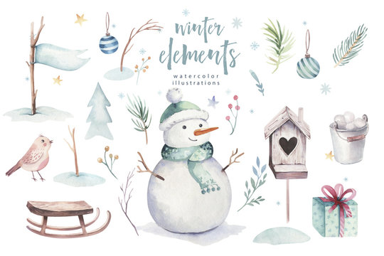Watercolor Merry Christmas illustration with snowman, holiday cute animals deer, rabbit. Christmas celebration cards. Winter new year design.