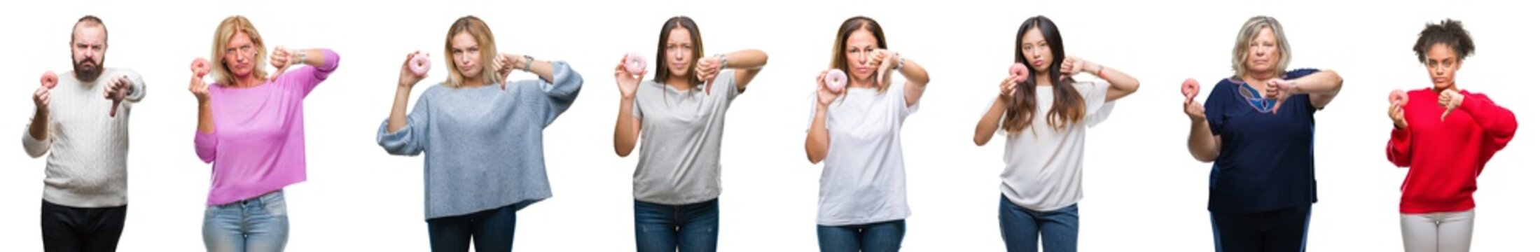 Collage of group of people eating donut over isolated background with angry face, negative sign showing dislike with thumbs down, rejection concept