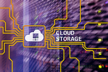 Cloud data storage concept on server room background.