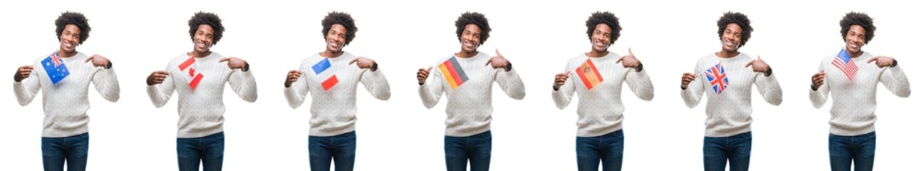 Collage of african american young  man holding flags of countries over isolated background with surprise face pointing finger to himself