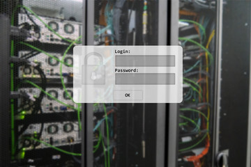 Server room, login and password request, data access and security.