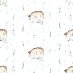 No drill roller blinds Little deer Watercolor Merry Christmas seamless patterns with snowman, holiday cute animals deer, rabbit. Christmas celebration paper. Winter new year design.