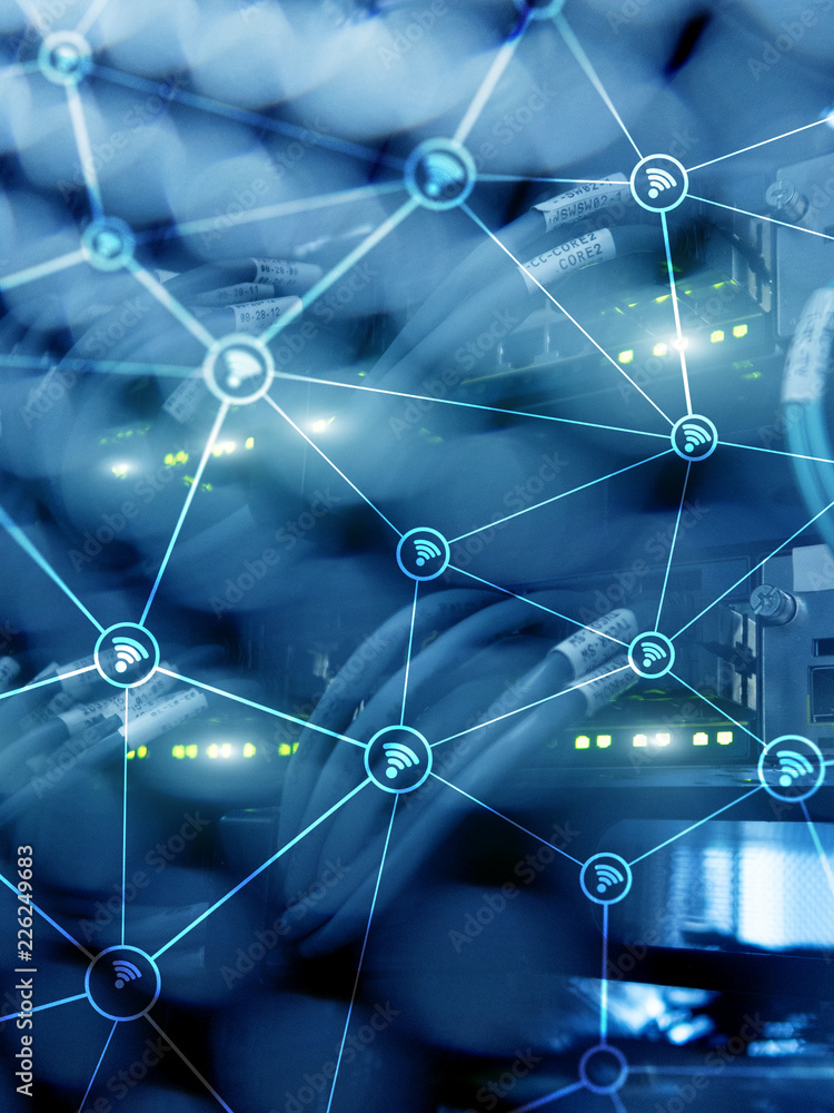 Aufkleber wi fi network abstract structure on modern server room background.