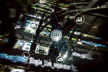 ICT - information and telecommunication technology and IOT - internet of things concepts. Diagrams with icons on server room backgrounds.