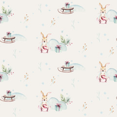 Watercolor Merry Christmas seamless patterns with snowman, holiday cute animals deer, rabbit. Christmas celebration paper. Winter new year design.