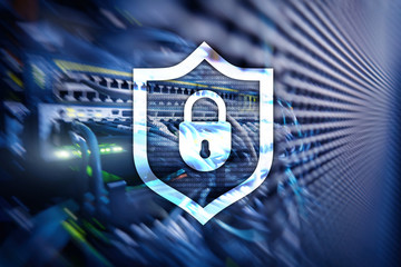 Cyber protection shield icon on server room background. Information Security and virus detection.