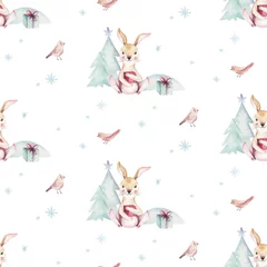 Papier Peint photo autocollant Lapin Modèles harmonieux de joyeux Noël à l& 39 aquarelle avec bonhomme de neige, cerfs animaux mignons de vacances, lapin. Papier de fête de Noël. Conception de nouvel an d& 39 hiver.