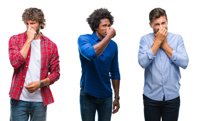 Collage of group of african american and hispanic men over isolated background smelling something stinky and disgusting, intolerable smell, holding breath with fingers on nose. Bad smells concept.
