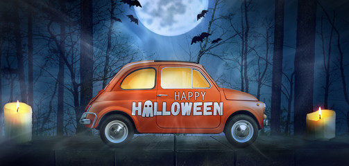 Happy Halloween car against night scary autumn forest background