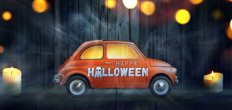 Happy Halloween Car Against Night Scary Room Background