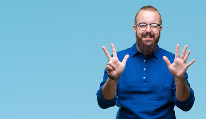 Young caucasian hipster man wearing glasses over isolated background showing and pointing up with...