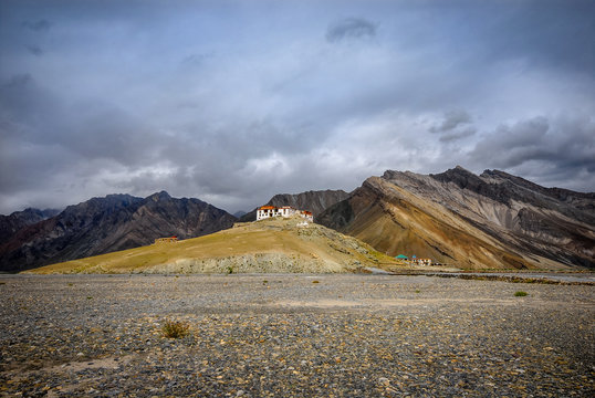 Rangdum Gompa, Tibetan Buddhist monastery of Gelug sect on top of hill, Suru valley, Zanskar subdistrict, Ladakh region, India.
