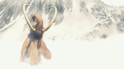 woolly mammoth in a snow storm, prehistoric mammal in ice age landscape - obrazy, fototapety, plakaty