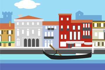 Venice city colorful flat style vector illustration. Cityscape with embankment, buildings and gondola. Composition for your design.