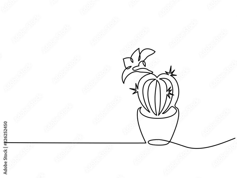 Wall mural continuous one line drawing. house cactus in pot. vector illustration