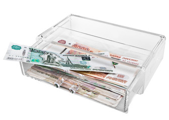 Open transparent box with Russian money. Isolated on white background.