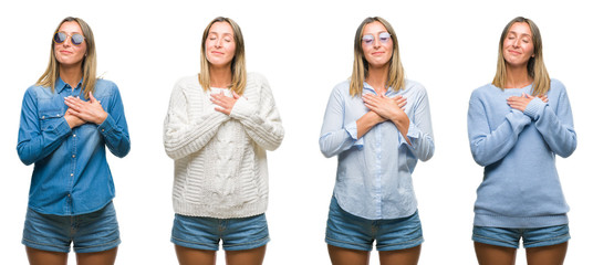 Obraz premium Collage of blonde beautiful woman wearing casual look over white isolated backgroud smiling with hands on chest with closed eyes and grateful gesture on face. Health concept.