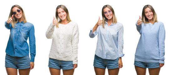 Collage of blonde beautiful woman wearing casual look over white isolated backgroud doing happy thumbs up gesture with hand. Approving expression looking at the camera with showing success.