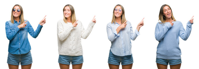 Collage of blonde beautiful woman wearing casual look over white isolated backgroud smiling and looking at the camera pointing with two hands and fingers to the side.
